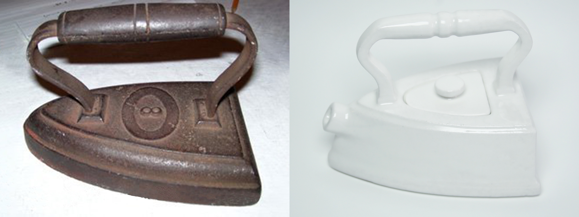 On left, a traditional iron. On right, a tea pot inspired by a traditional iron.